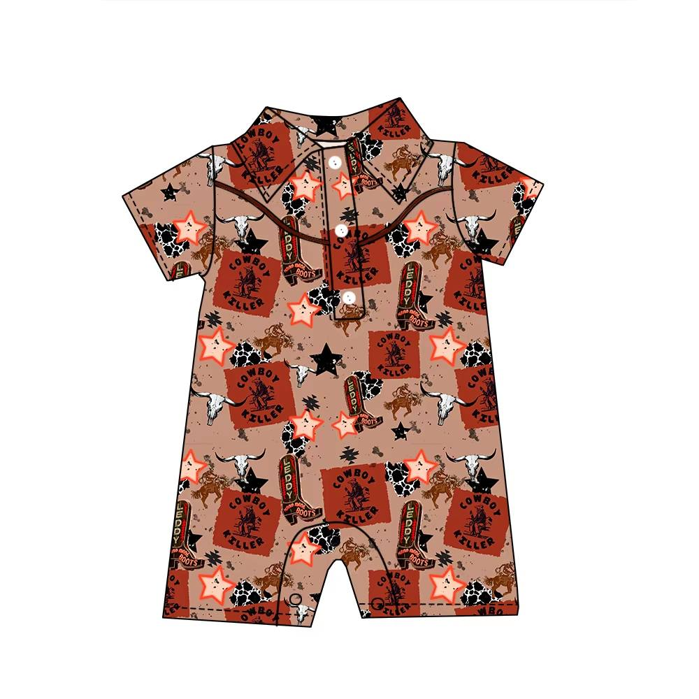 Custom moq 5 each style eta 6-7weeks baby boy clothes boot cow head short sleeve romper-25.8.9