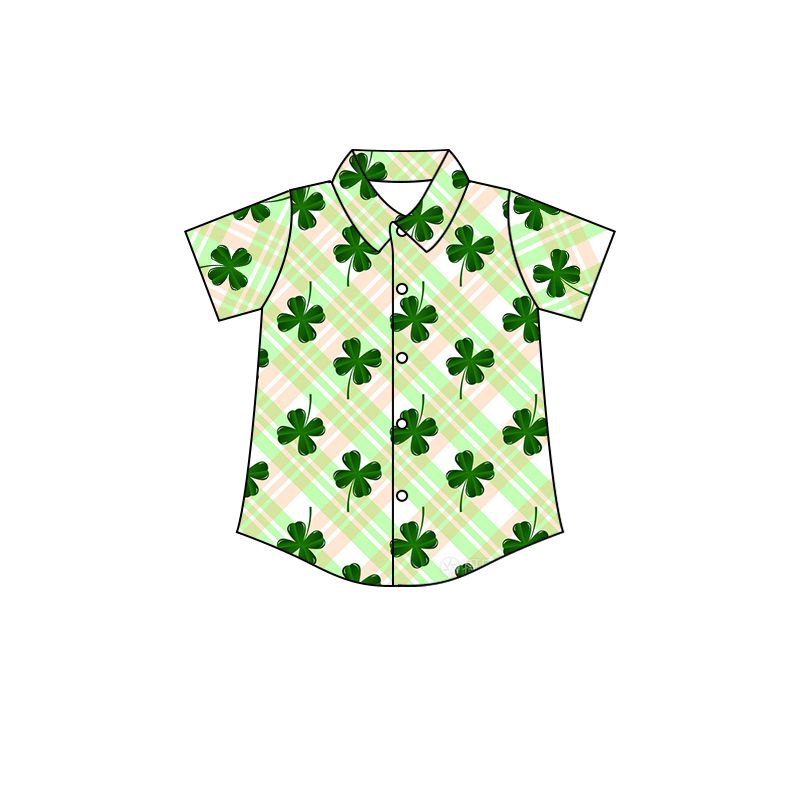 BT0527 Four-leaf clover green button-down short-sleeved top