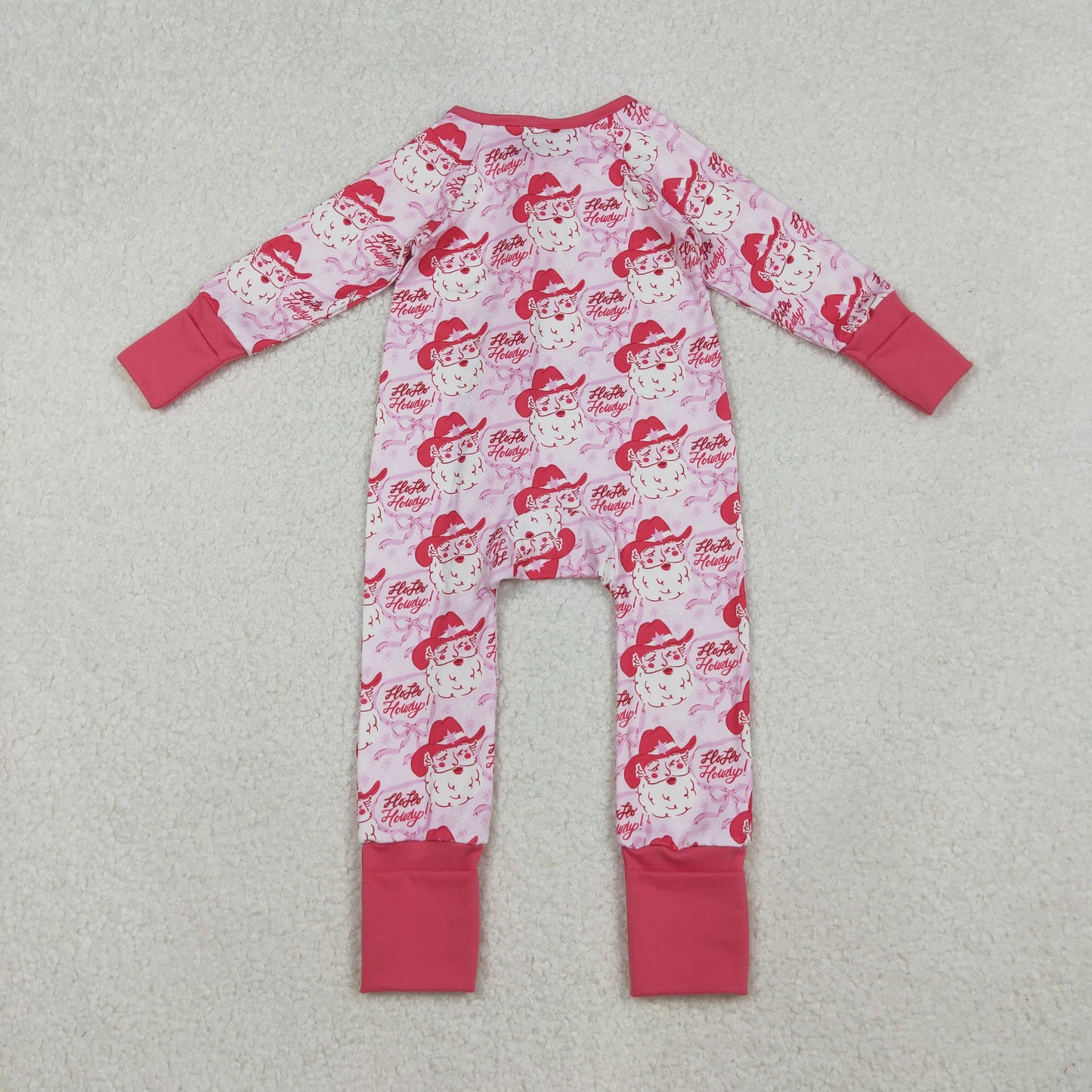 RTS NO MOQ(In Stock) LR2243 Howdy Letter Santa Claus Zippered Long-Sleeved Bodysuit with Pink Bow Pattern