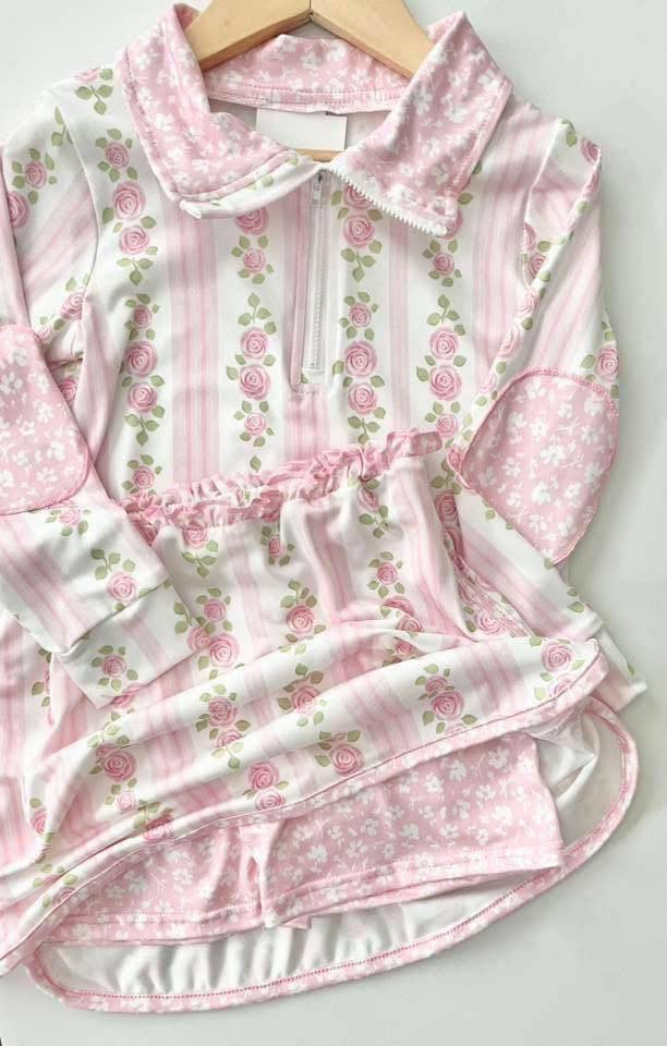RTS NO MOQ ETA 5/7days Arrived GLD1002 flower leaf pink stripe zipper long-sleeved pants skirt set