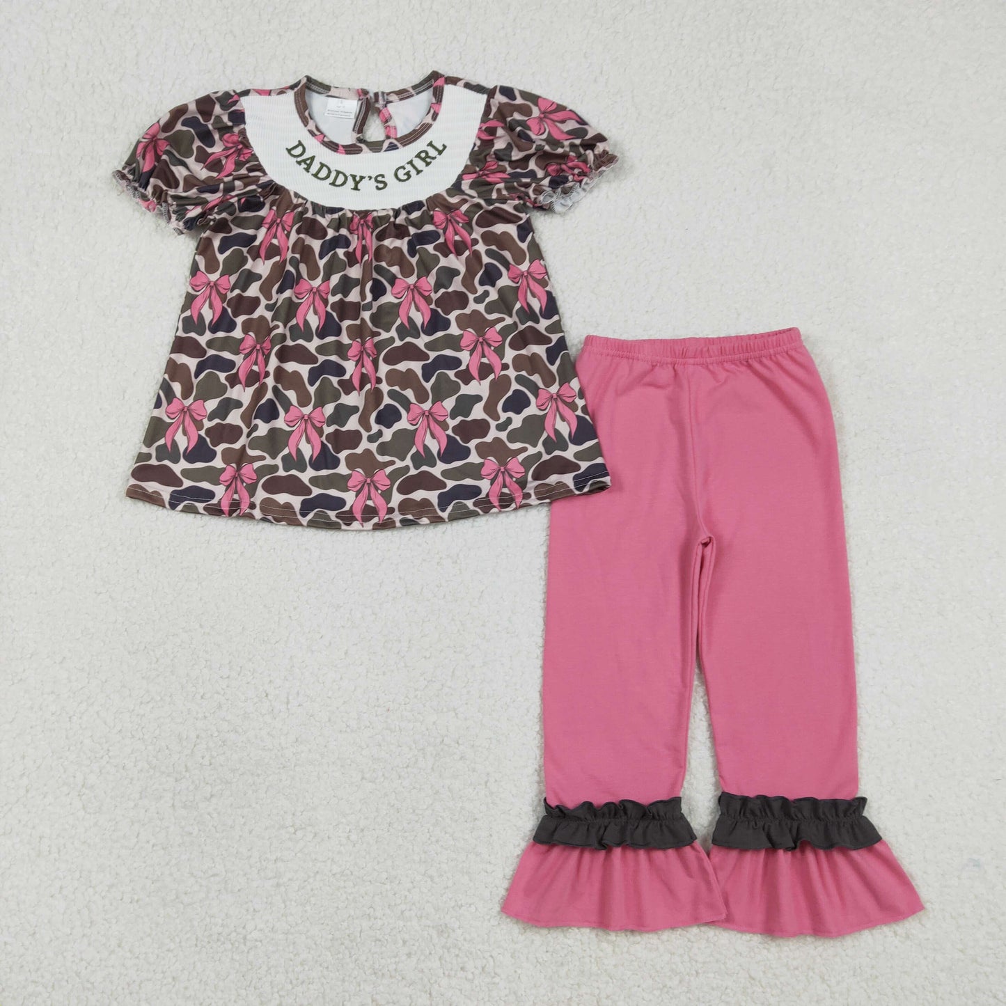 RTS NO MOQ(In Stock) GSPO2025 Embroidered Daddy's Girl Bow Pattern Camouflage Short-Sleeved Top and Trousers Set