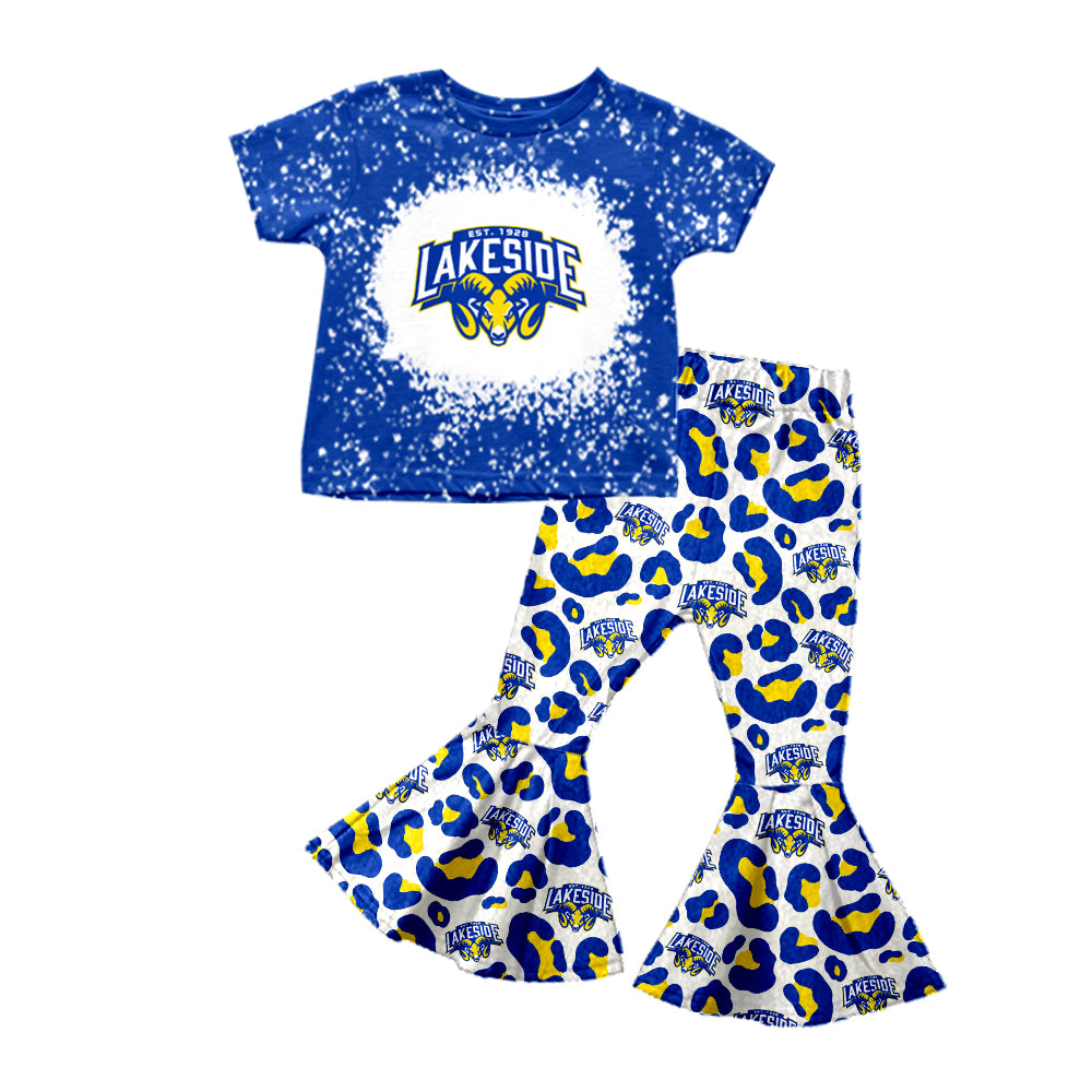 Deadline September 8 custom no moq eta 6-8weeks Blue short-sleeved bell-bottom pants suit with cow head letters