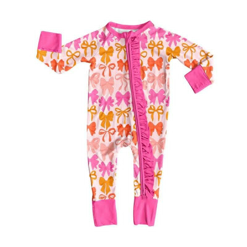 Custom moq 5 mix size milk silk Baby Girl Bows Long-Sleeved Zippered Romper Infant Clothing