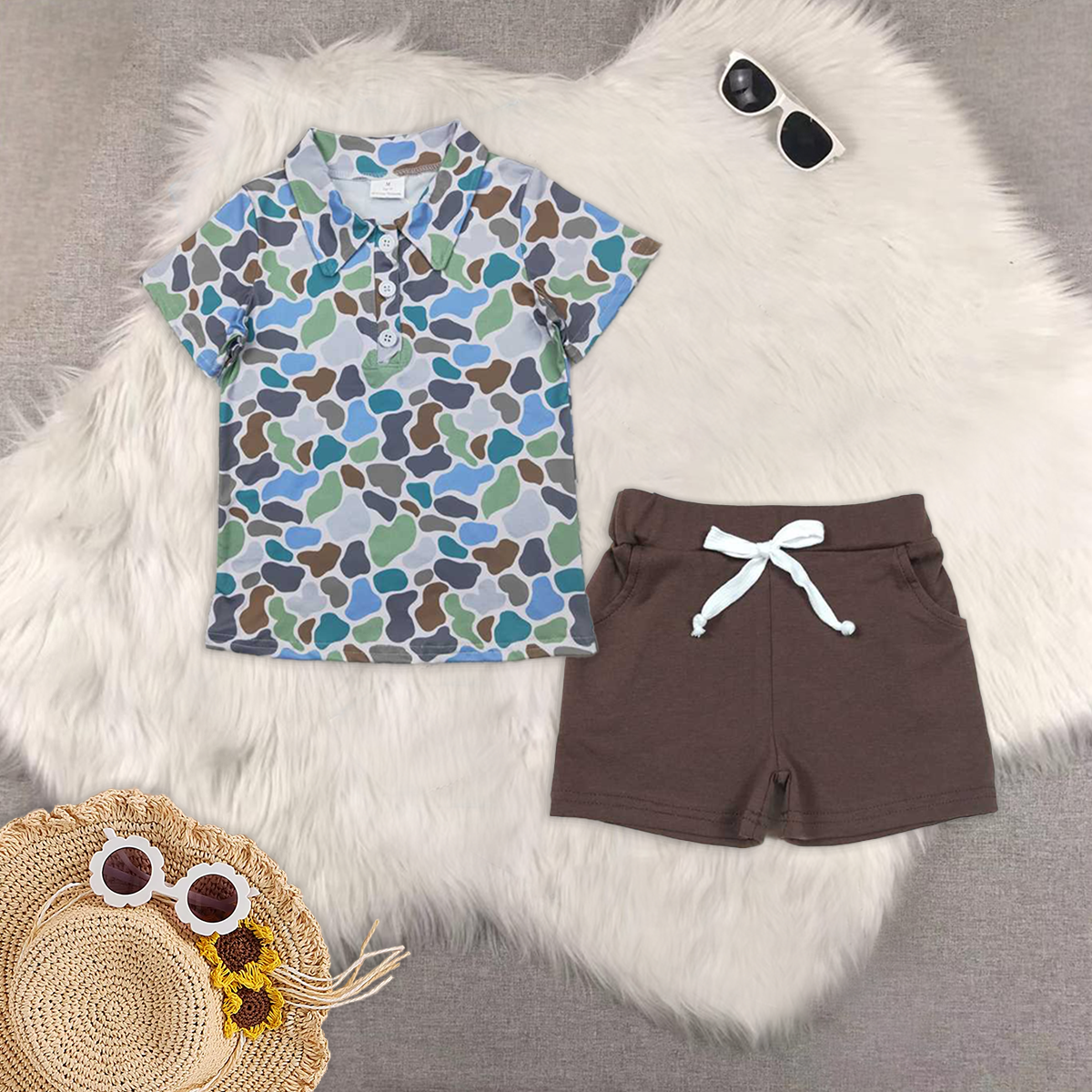 RTS NO MOQ BT1214+SS0134 baby boy clothes camouflage short-sleeved top pocket shorts sets