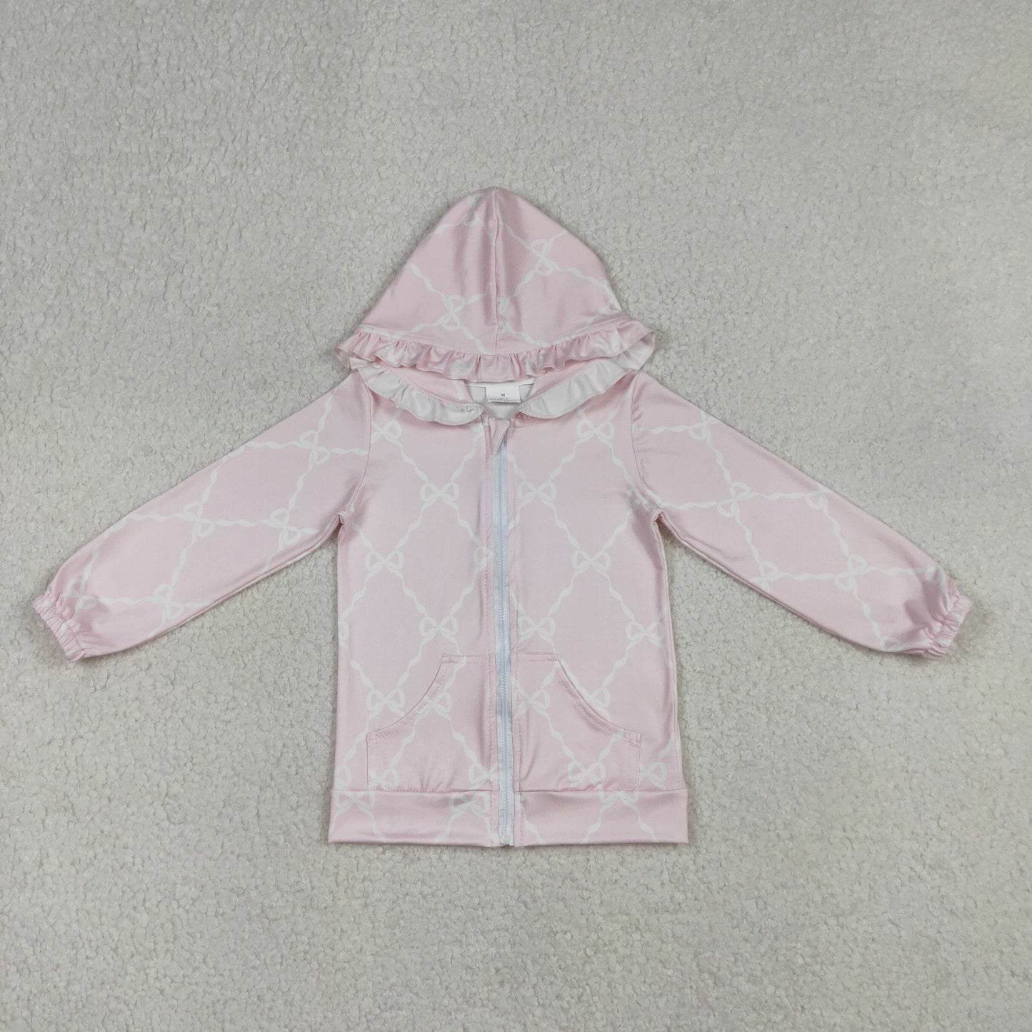 RTS NO MOQ(In Stock) Pink hooded zip-up long-sleeved top with bow pattern pockets