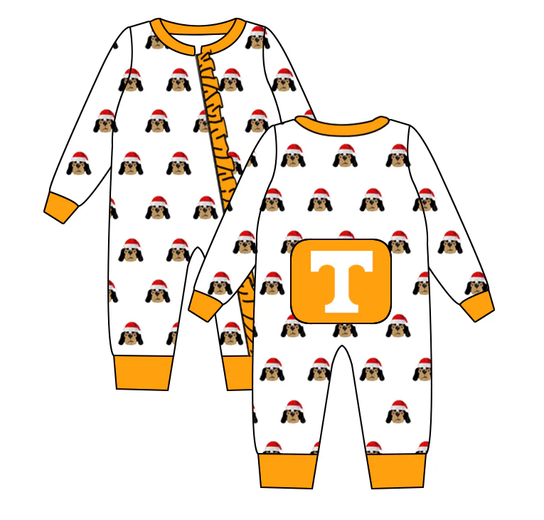 Deadline October 18 custom no moq eta 6-8weeks Orange long zip-up romper with puppy in Santa hat