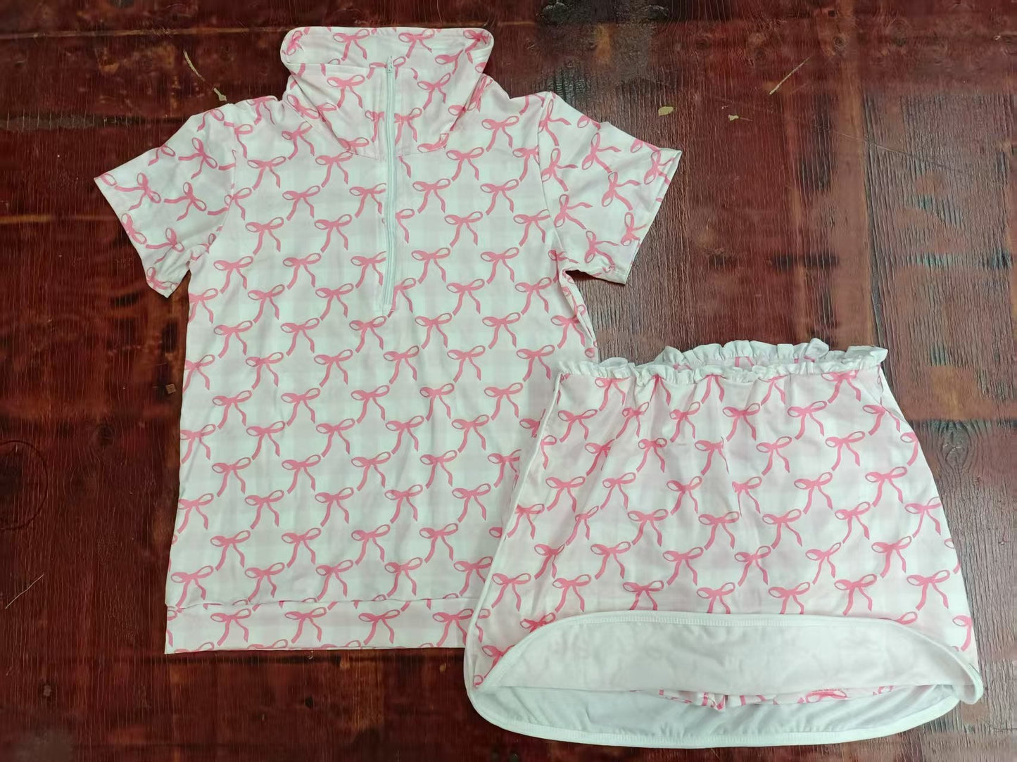 Custom moq 3 eta 6-7weeks baby girls clothes bow pink short sleeve skirt shorts sets