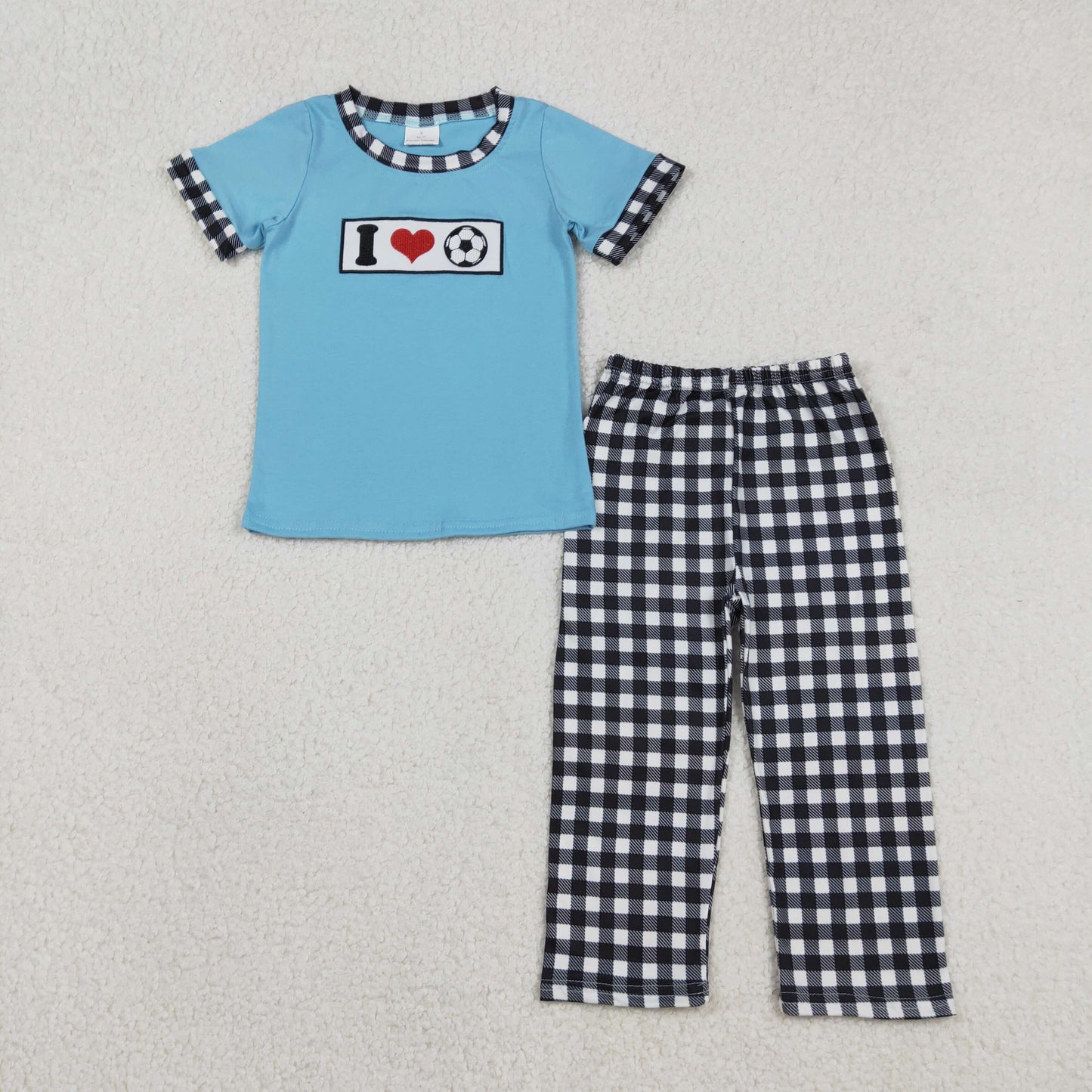 RTS NO MOQ(In Stock) Embroidered "I love football" heart blue short-sleeved black checkered trousers set