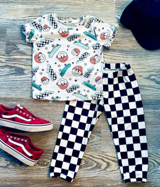 Deadline September 21 custom no moq eta 6-8weeks Lightning-Skateboard-Hatsmiley White Short Sleeves-Black and White Plaid Trousers Set