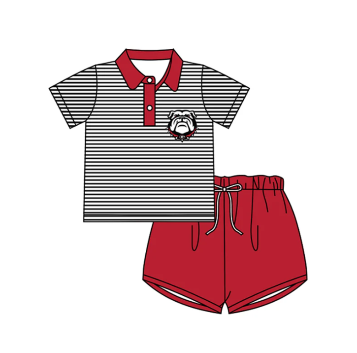 Deadline September 20 custom no moq eta 6-8weeks Black and white striped button-down collar short-sleeved shirt-red drawstring shorts set