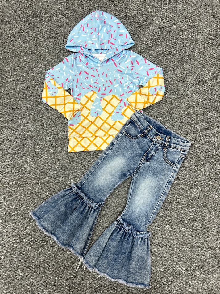 RTS NO MOQ BT1270+P0676 Waffle Ice Cream Hooded Long-Sleeved Top Bleached Raw-Trimmed Blue Denim Pants sets