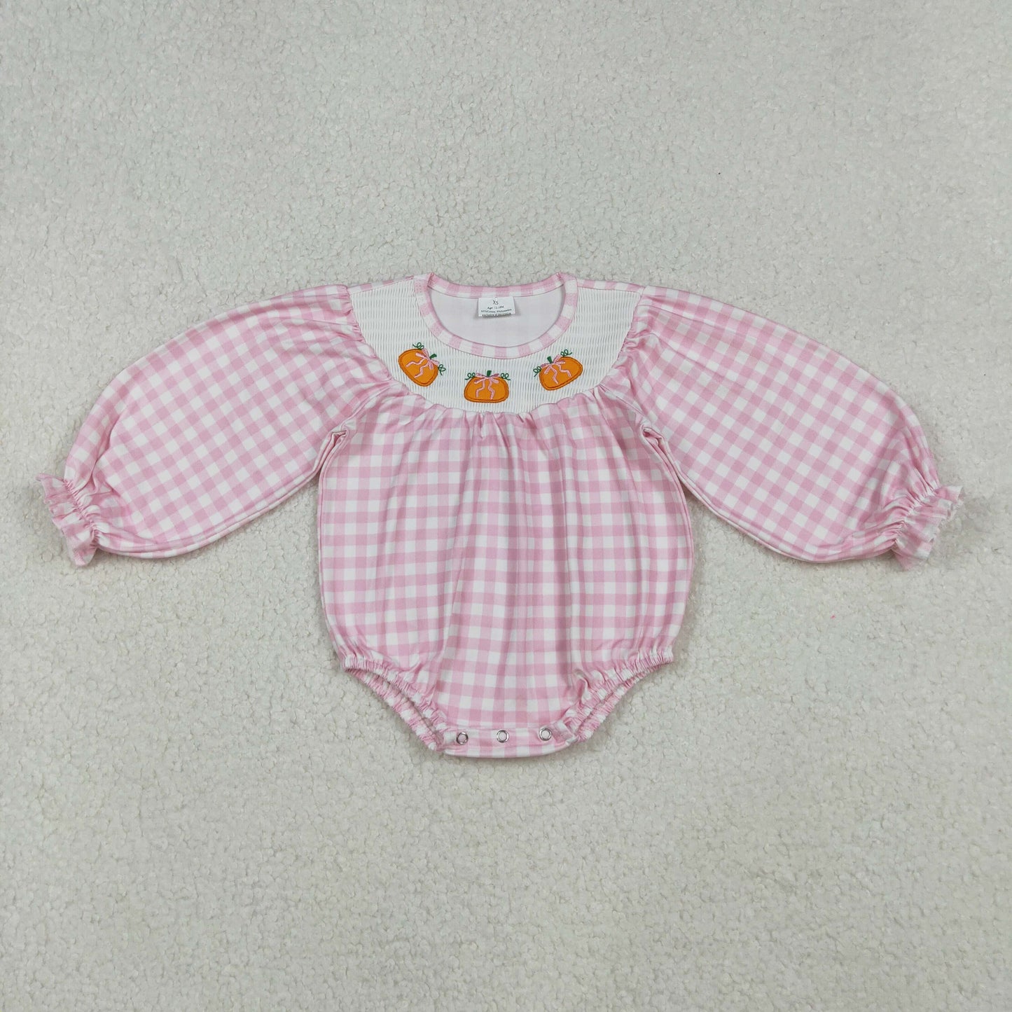 RTS NO MOQ(In Stock) LR2181 Smocked embroidery bow pumpkin pink plaid long sleeve romper