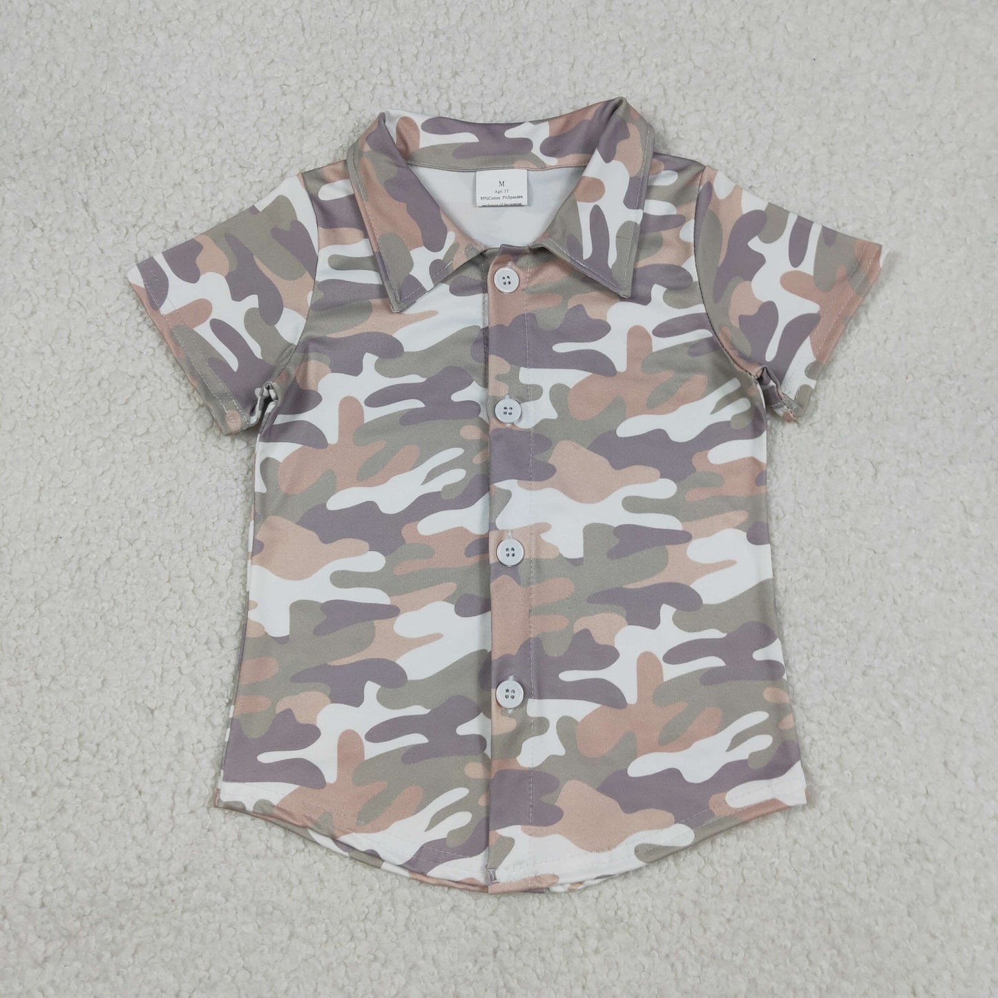 RTS NO MOQ(In Stock) Gray Brown Green Camouflage Button-Up Short-Sleeved Top