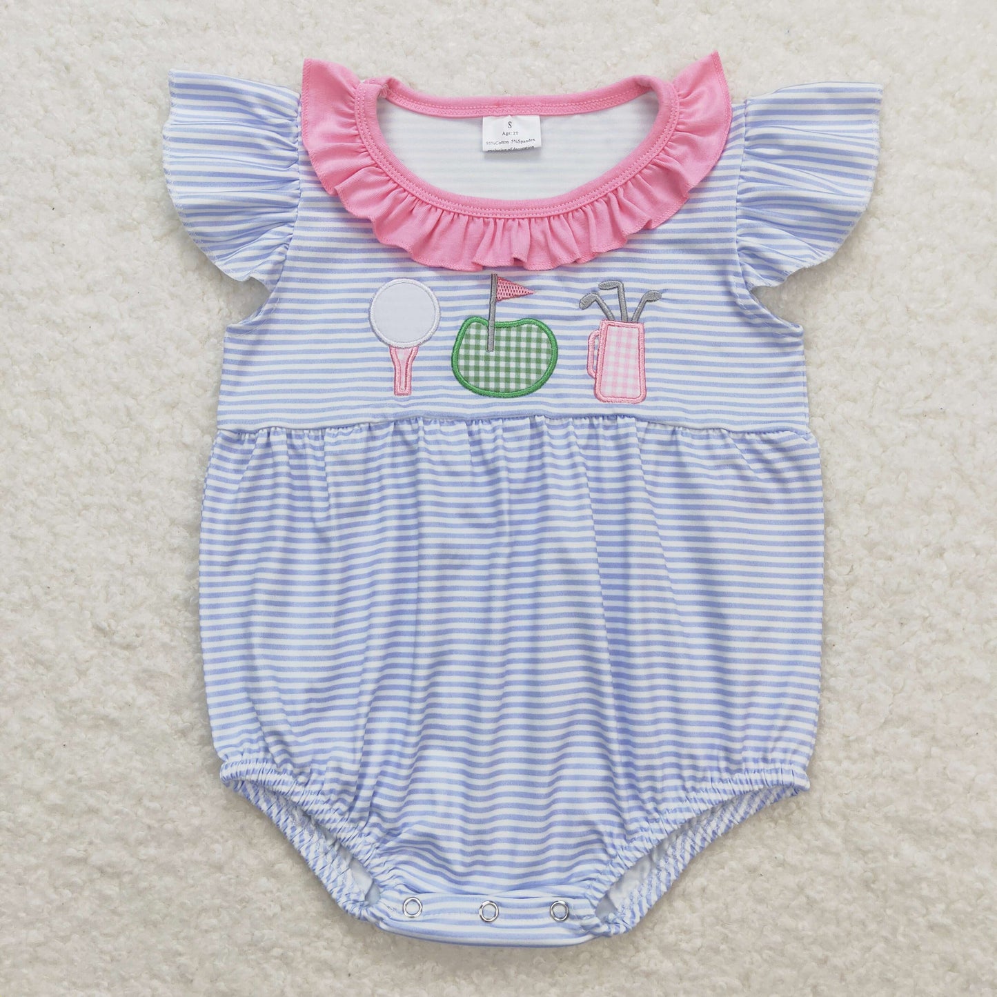 RTS NO MOQ(In Stock) Embroidered golf flag pink lace blue striped vest jumpsuit