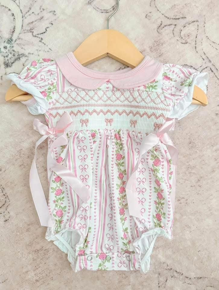 RTS NO MOQ SR2994 Embroidered bow pattern flower pink doll collar short-sleeved jumpsuit