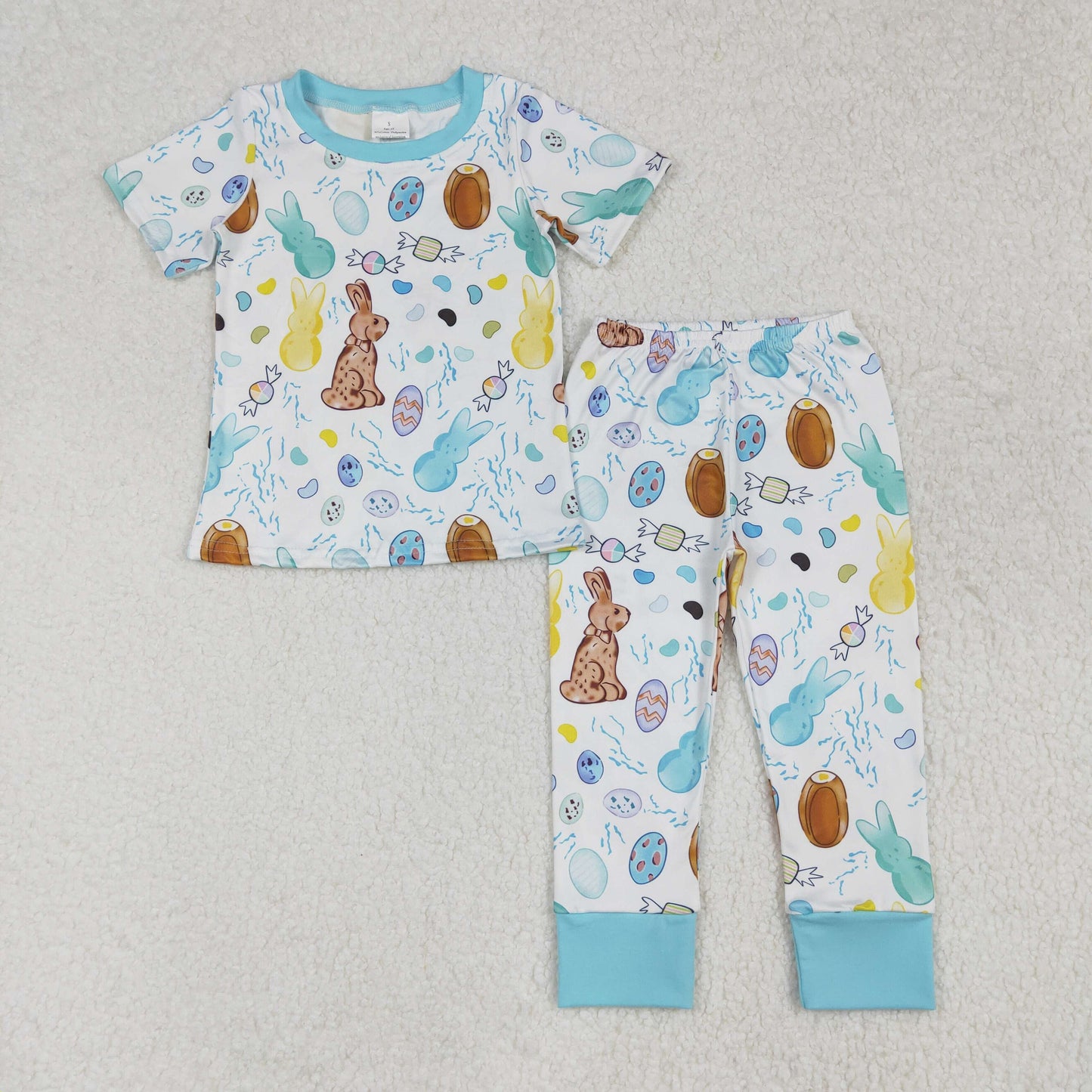 RTS NO MOQ(In Stock) BSPO0557 Easter bunny egg candy blue and white short-sleeved long pants pajama set