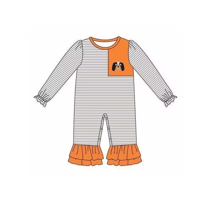 Custom moq 5 eta 6-8weeks Lop-eared dog orange ruffled hem long romper