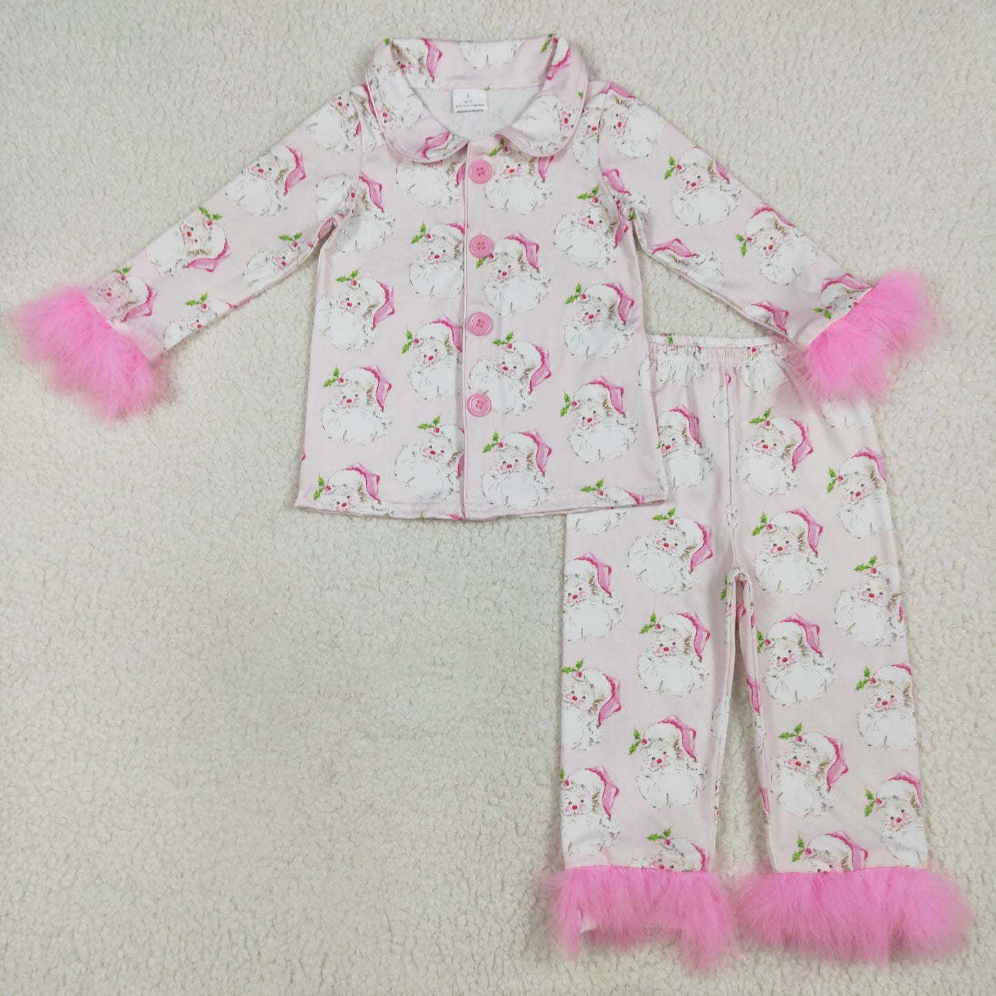 RTS NO MOQ(In Stock) GLP2376 Santa Claus pink plush trim long-sleeved trousers pajama set