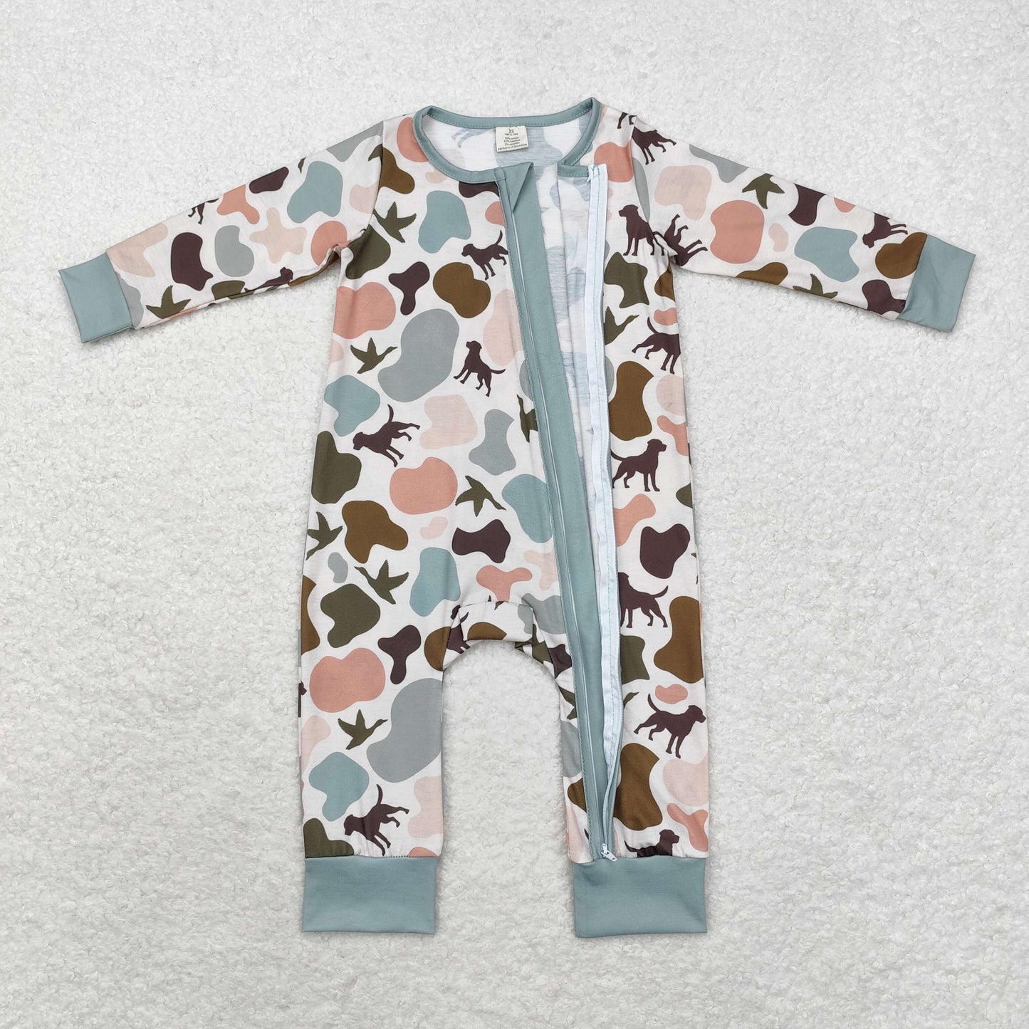 RTS NO MOQ(In Stock) Modal puppy duck camouflage green zipper long sleeve jumpsuit