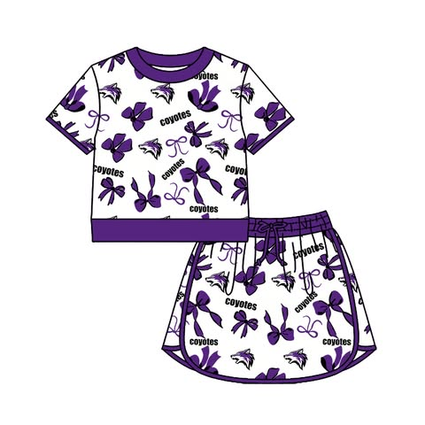 custom moq 5 mix size AASD0505 Adult And Kids Team Purple Bow Print Short Sleeve Crew Neck Top Drawstring Skort Clothing Set