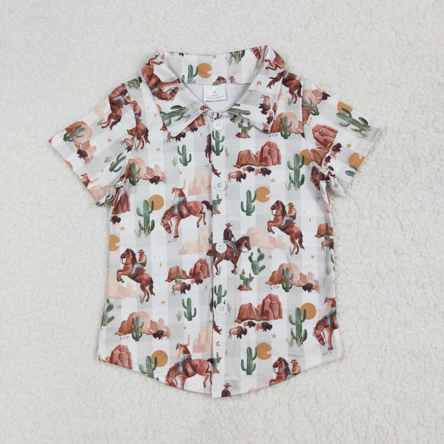 RTS NO MOQ(In Stock) Riding cactus green plaid button short-sleeved top
