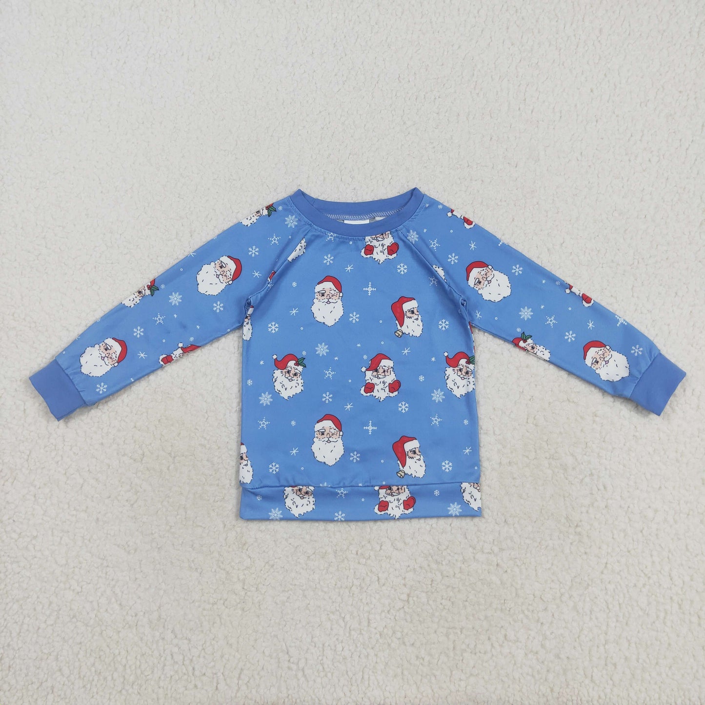 RTS NO MOQ(In Stock) BT1289 Santa Claus Snowflake Blue Long Sleeve Top