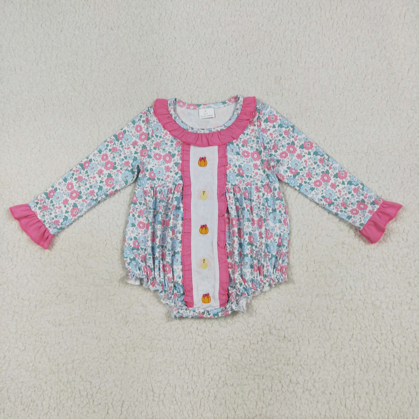RTS NO MOQ(In Stock) LR2219 Embroidered pumpkin turkey flower pink lace long-sleeved jumpsuit