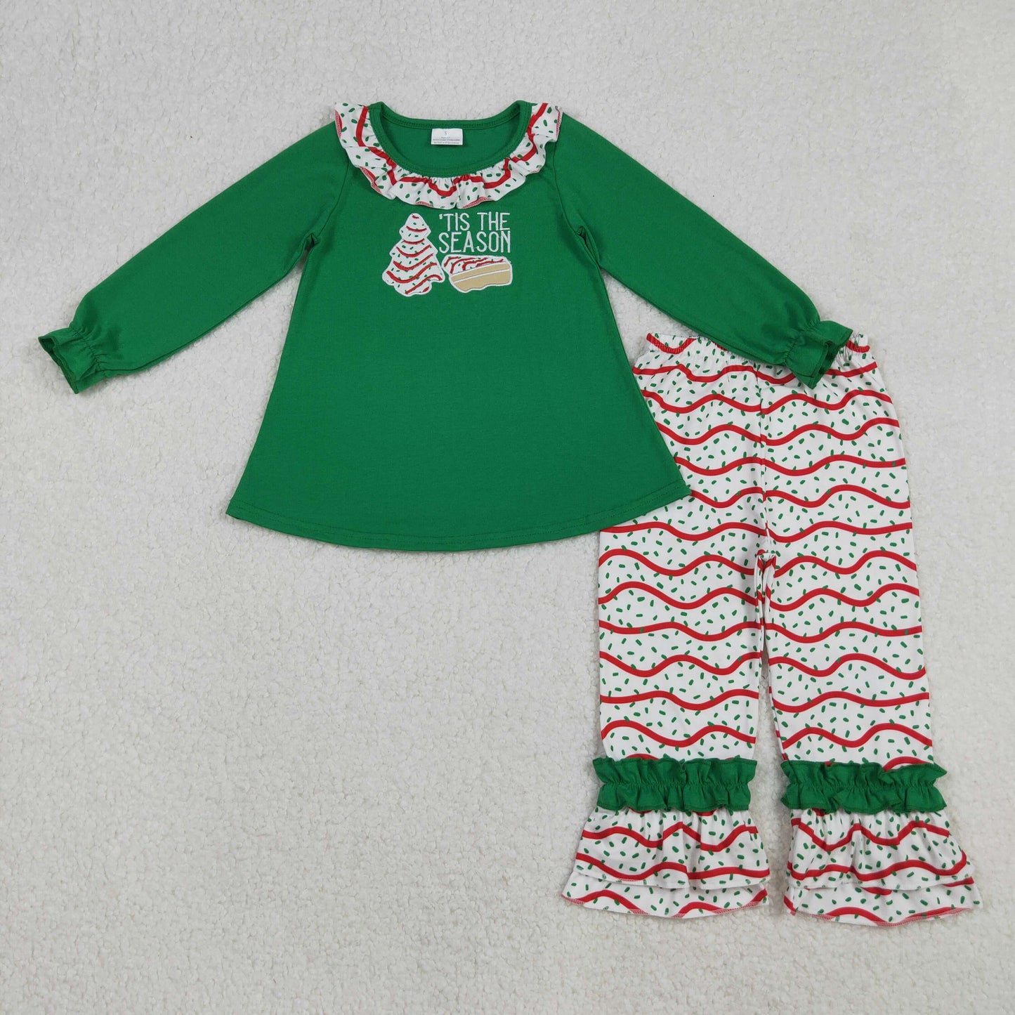 RTS NO MOQ(In Stock) GLP2518 Tes The Season Embroidered Christmas Tree Cookie Lace Green Long-Sleeved Pantsuit