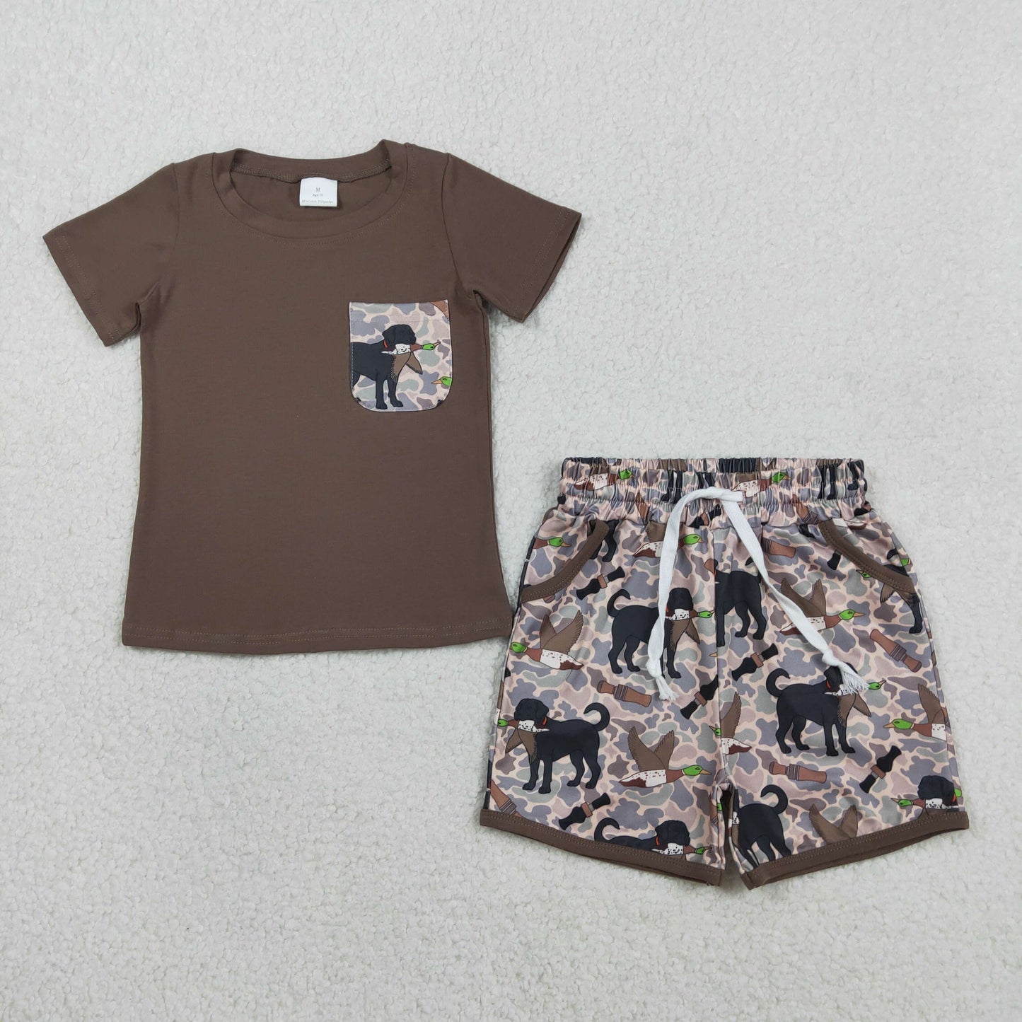 RTS NO MOQ(In Stock) BSSO1849 Puppy and Duck Blue Camouflage Pocket Brown Short-Sleeve and Shorts Set