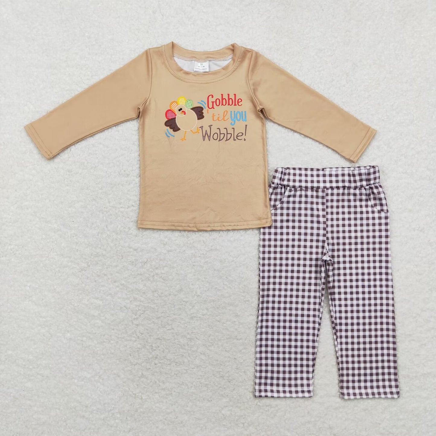 RTS NO MOQ(In Stock ) BLP0503 gobble wobble turkey khaki long sleeve plaid trouser suit