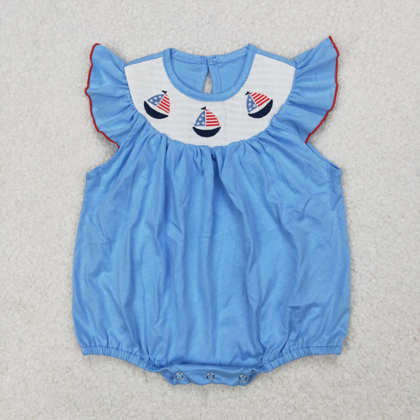 RTS NO MOQ(In Stock) smocked Girls National Day Embroidered Sailboat Blue Vest Bodysuit