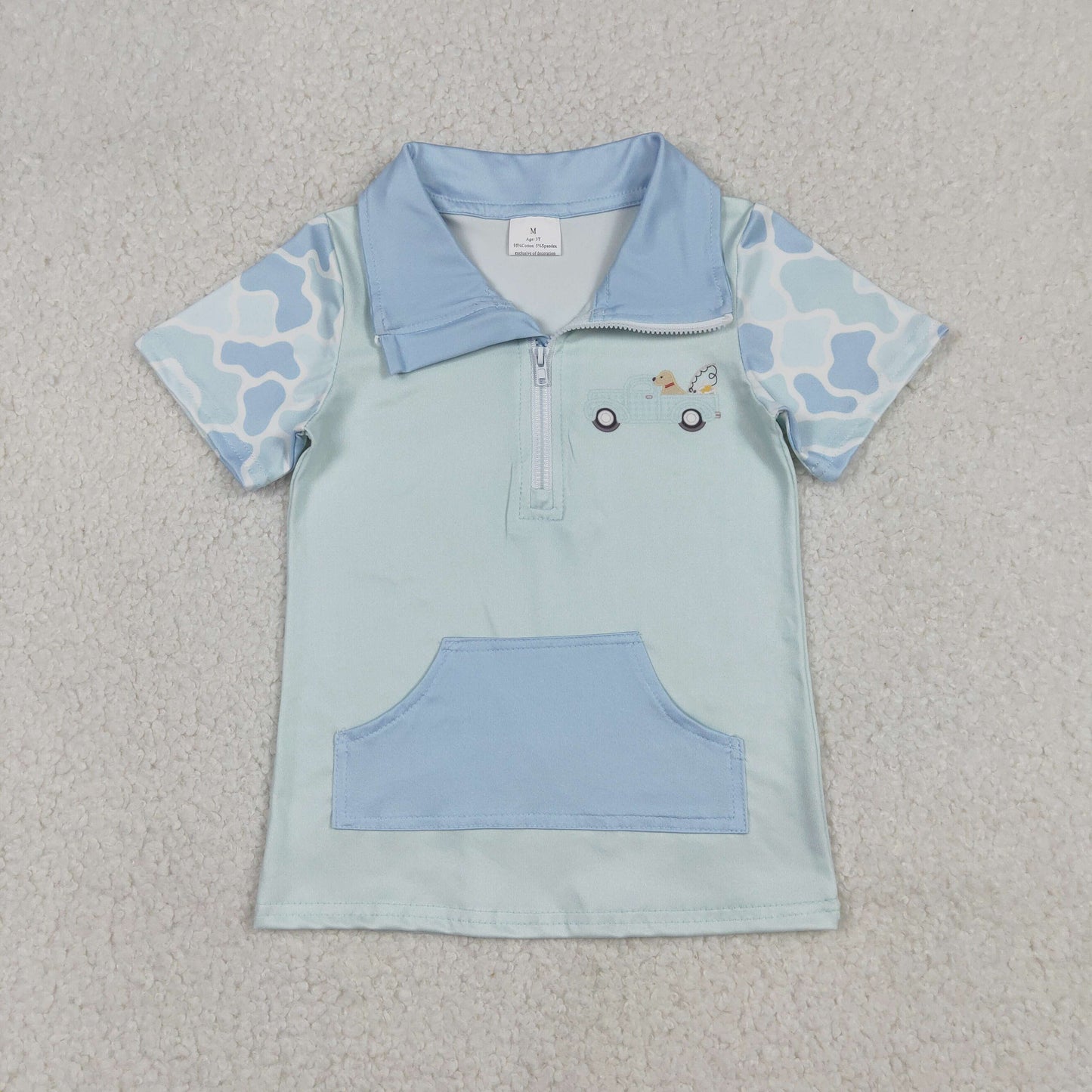 RTS NO MOQ(In Stock) Fishing Truck Puppy Camouflage Blue-Green Zipper Short-Sleeved Top