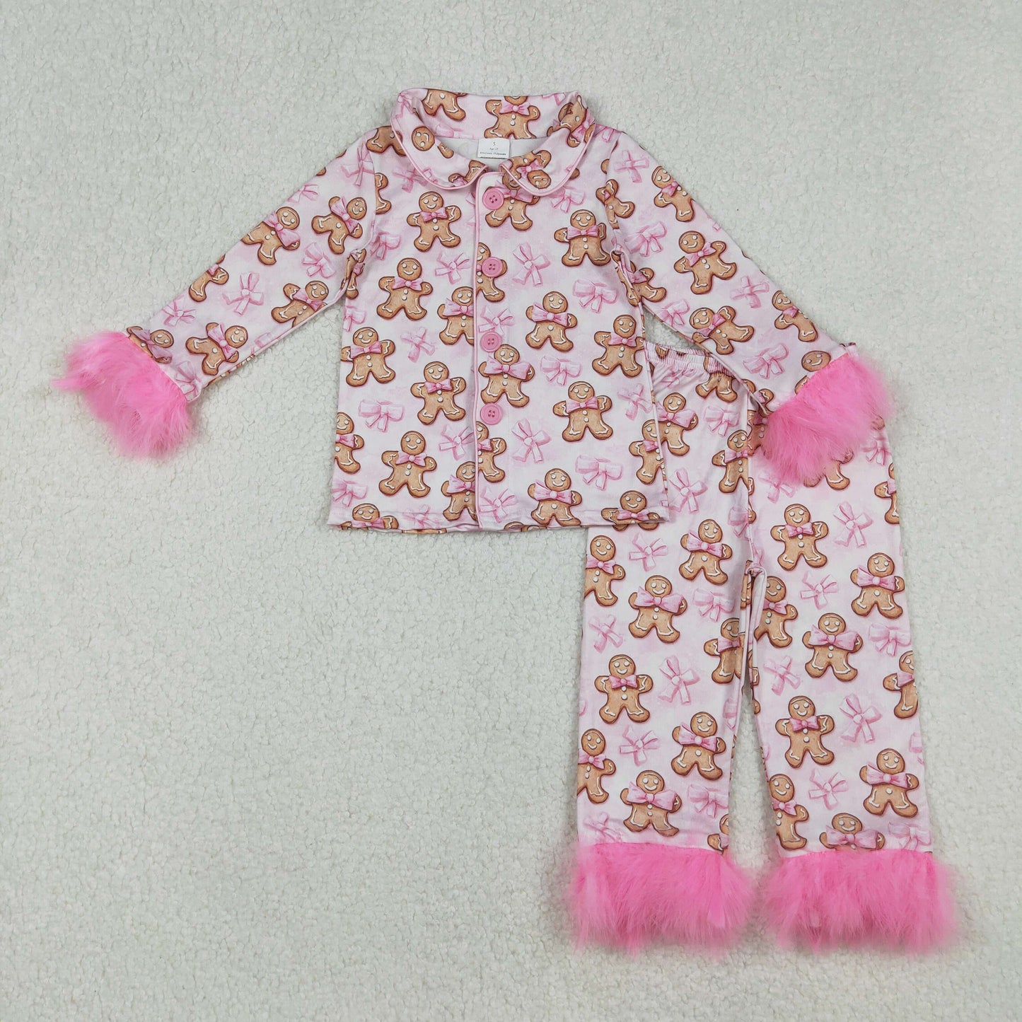 RTS NO MOQ(In Stock) GLP2374 Gingerbread man pink bow pattern long-sleeved pantsuit with plush trim