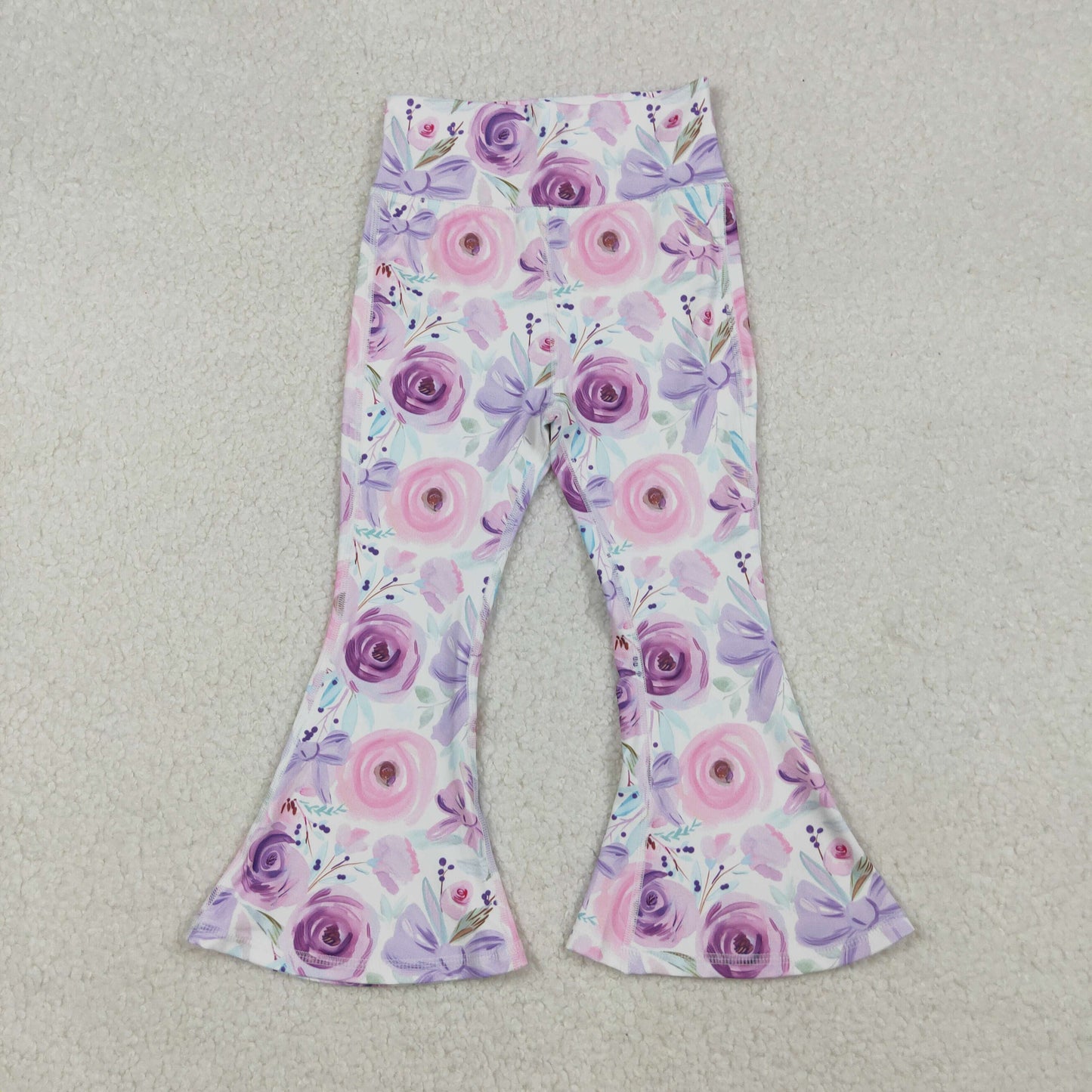 RTS NO MOQ(In Stock) P0774 White Pink and Purple Flower Bow Pattern Yoga Pants