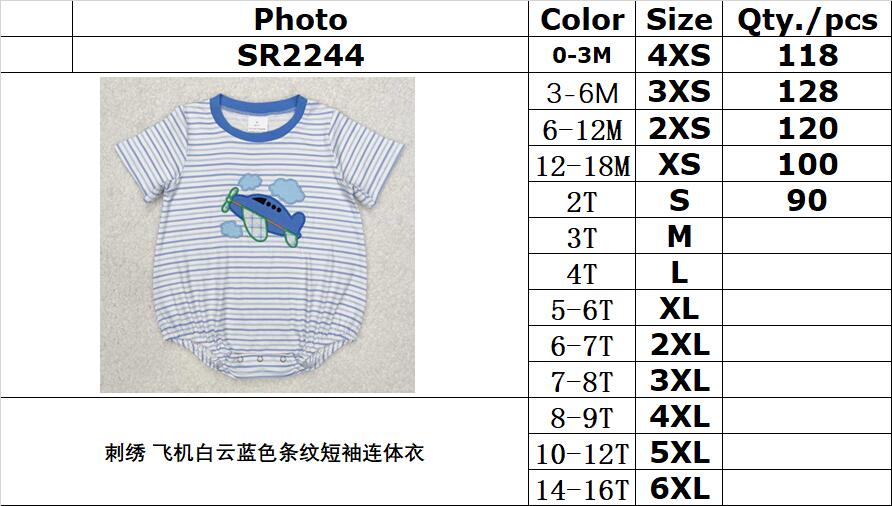 RTS NO MOQ ETA 5/7days arrived SR2244 Embroidered airplane white cloud blue striped short-sleeved jumpsuit