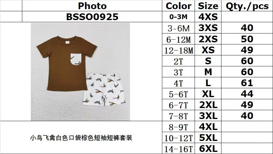 rts no moq BSSO0925 Bird flying white pocket brown short-sleeved shorts set