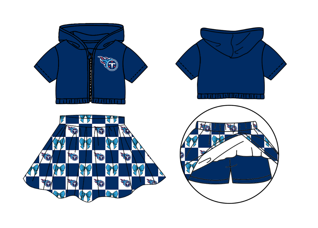 Custom moq 3 or 5 mix size milk silk summer teams baby girl clothes bow blue zipper hooded short sleeve shorts skirts sets