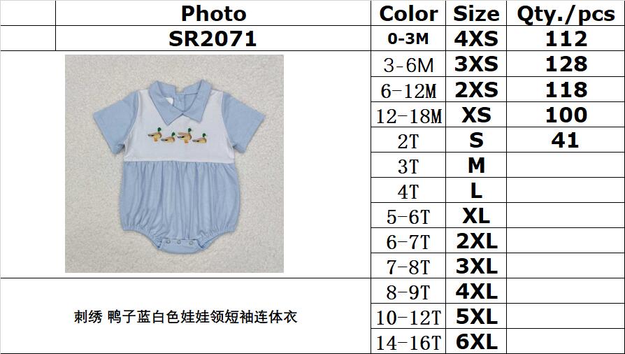 RTS NO MOQ ETA 5/7days arrived SR2071 Embroidered Duck Blue and White Baby Collar Short Sleeve Bodysuit