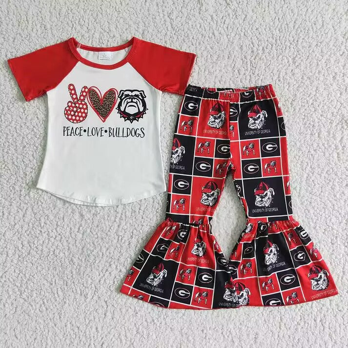 RTS NO MOQ Victory Sign-Heart-Five-Pointed Star Pattern Short Sleeve Flared Pants Suit