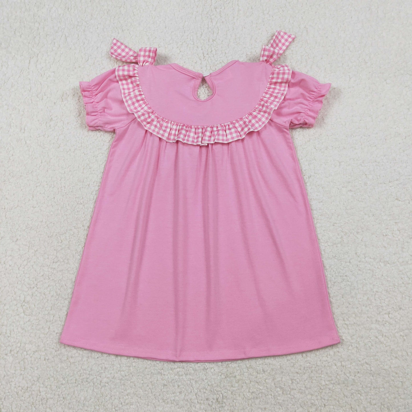 RTS NO MOQ(In Stock ) GSD3178 Embroidered cross, pink and white checkered lace short-sleeved dress