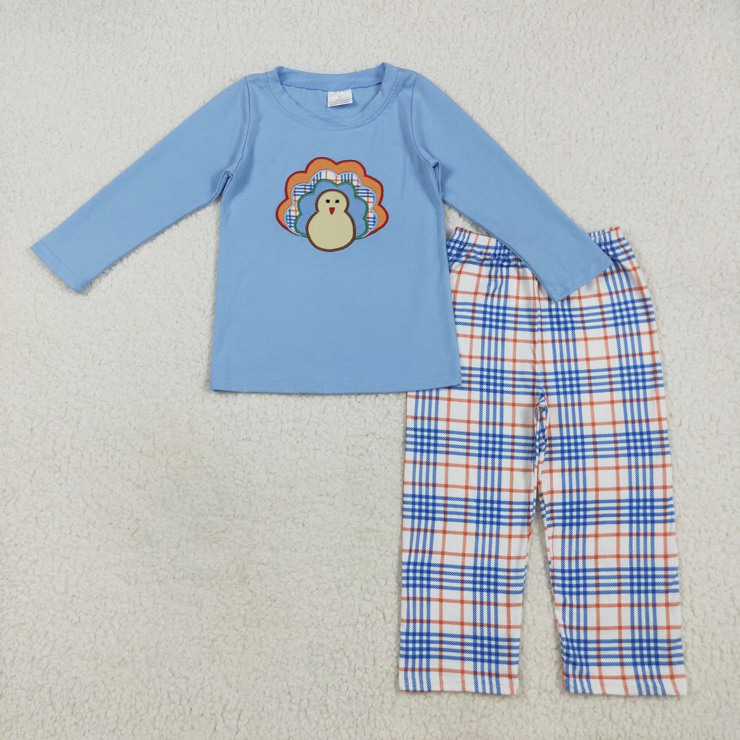 RTS NO MOQ(In Stock) BLP1079 Embroidered Turkey Blue Long Sleeve Plaid Pants Set
