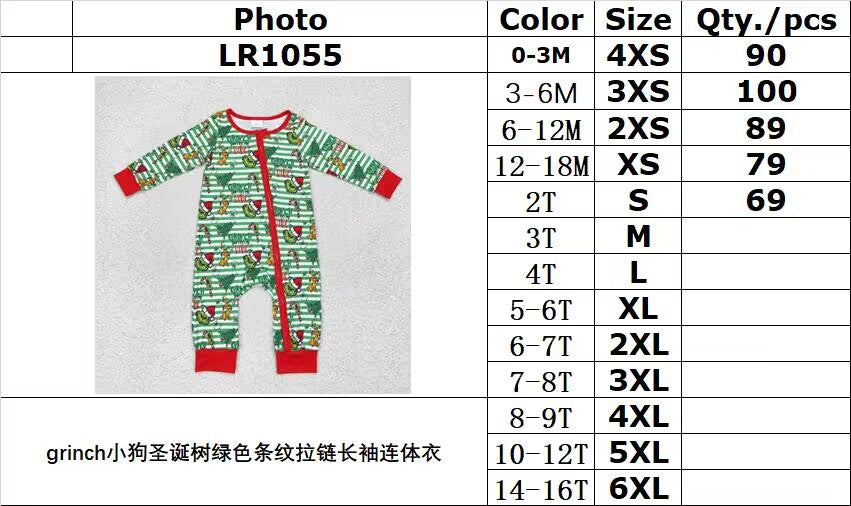 rts no moq LR1055 Grinch puppy Christmas tree green striped zipper long sleeve jumpsuit