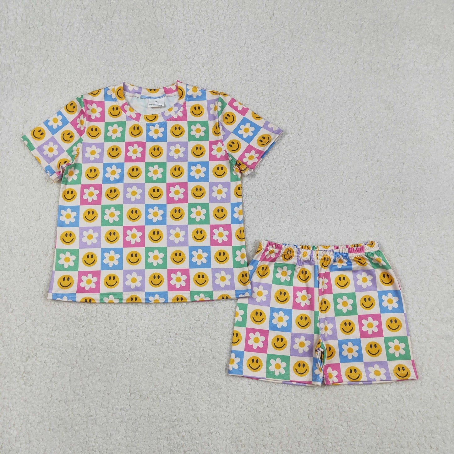 RTS NO MOQ(In Stock) Smiley Face Flower Colorful Checkered Short-Sleeved Shorts Set