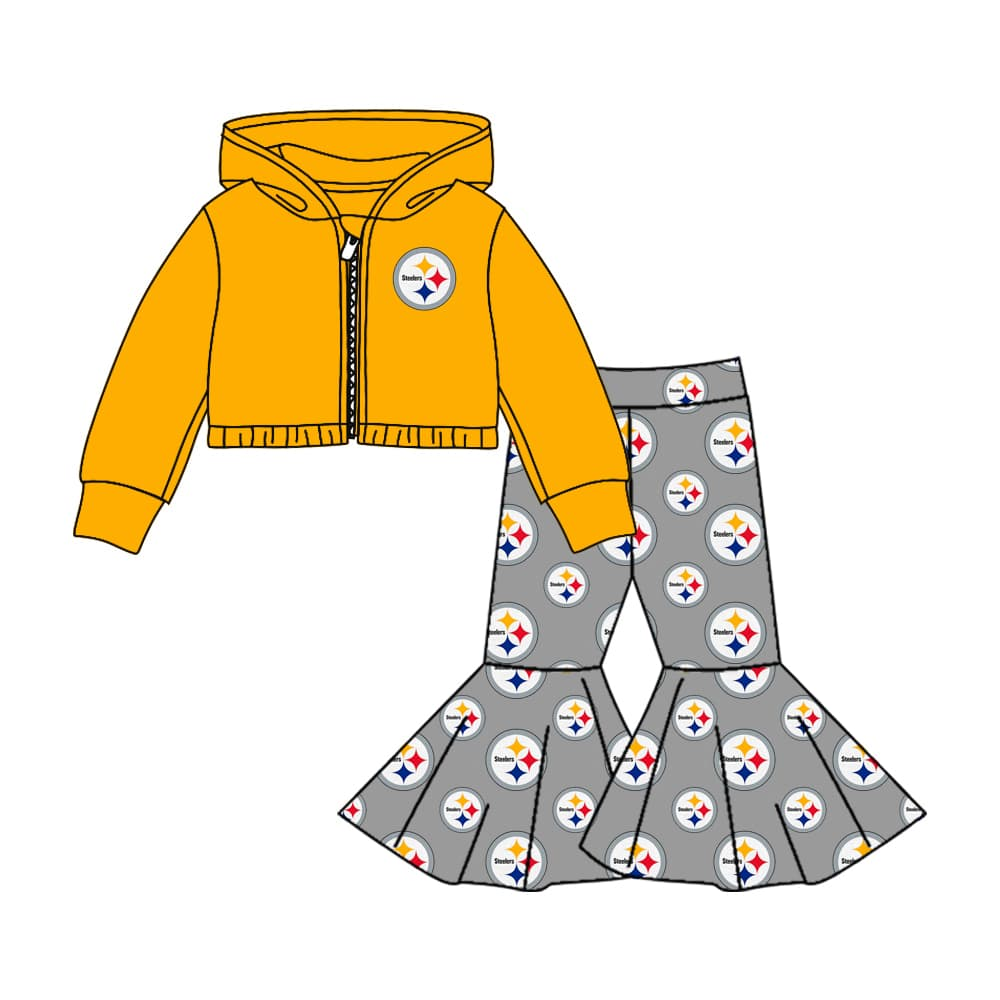 Deadline November 19 custom no moq eta 6-8weeks Yellow four-pointed star nameplate zipper hooded short long-sleeved jacket gray flared pants suit