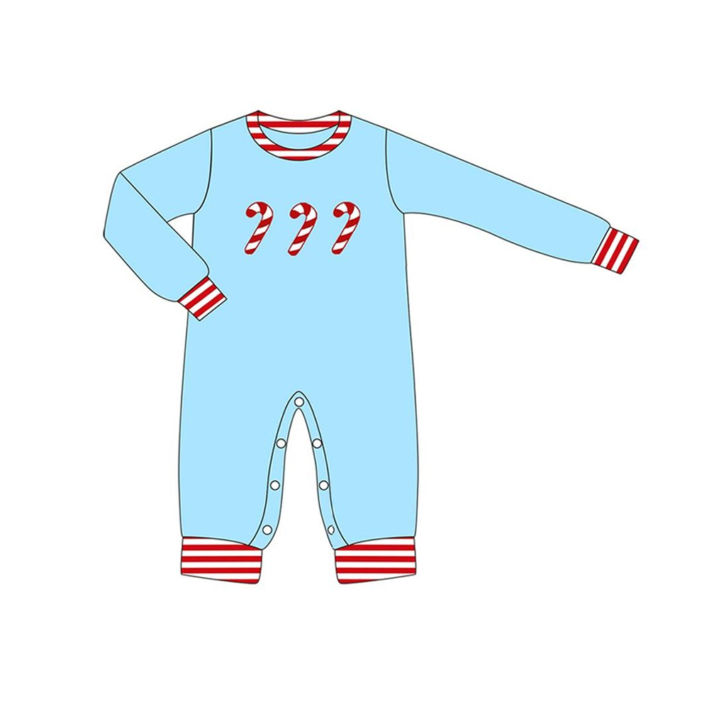 Deadline September 23 custom no moq eta 6-8weeks Red Striped Christmas Cane Pattern-Sky Blue Long Romper