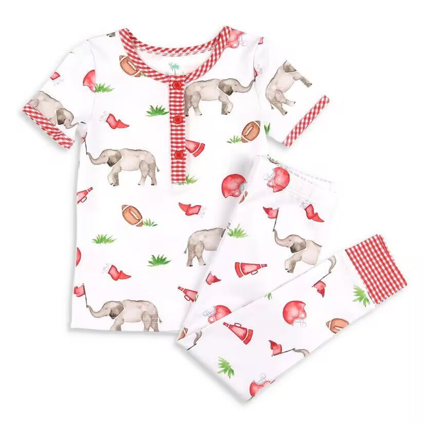 Custom moq 3 eta about 6-8 weeks baby girls clothes elephant red Short Sleeve Long Pants Pajama Set