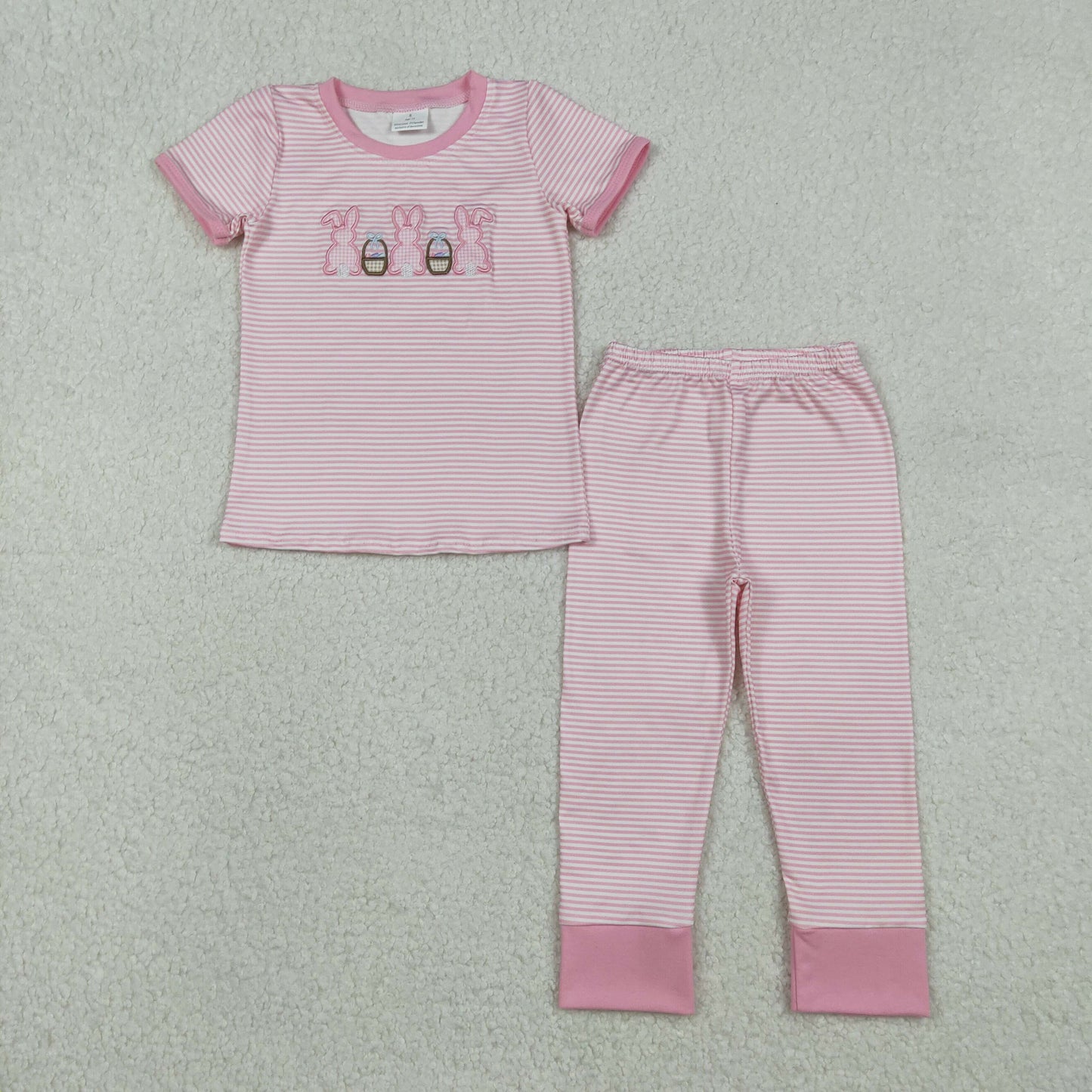RTS NO MOQ(In Stock) Embroidered Easter Bunny Egg Basket Pink Striped Short-Sleeve Pants Pajama Set