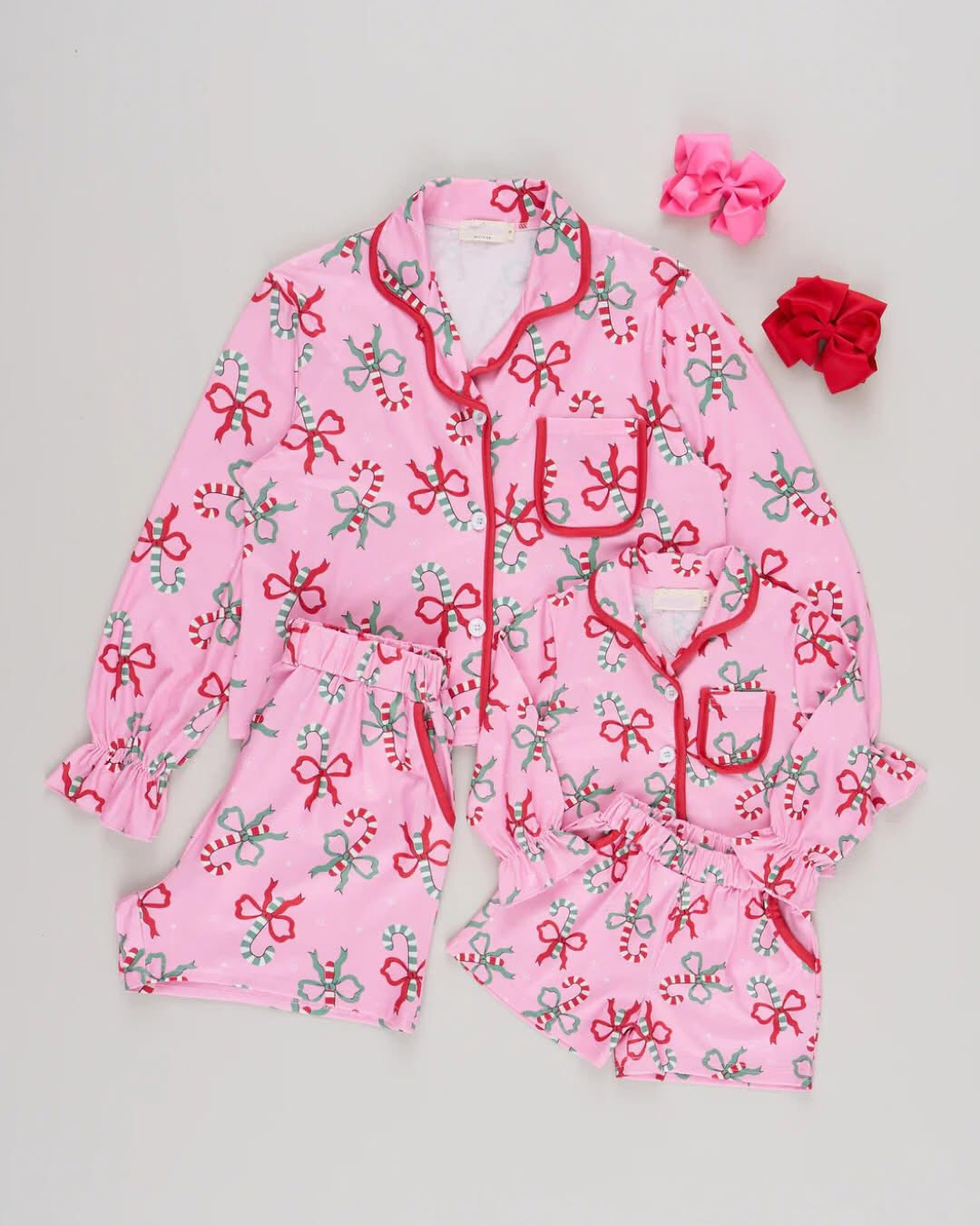 custom each style moq 8 eta 6-8week Sibling Sisters Christmas bow baby girl long sleeve shorts sets and adult sets-25.9.16