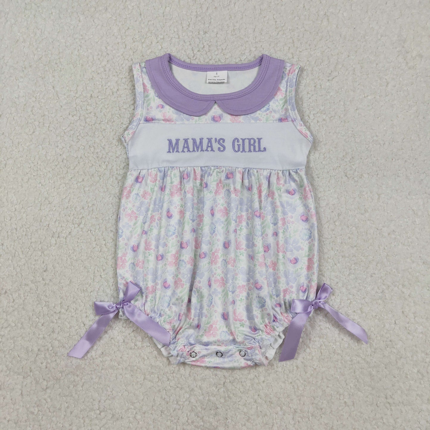 RTS NO MOQ(In Stock) SR3591 Embroidered Mama's Girl Purple Bow Flower Vest Jumpsuit