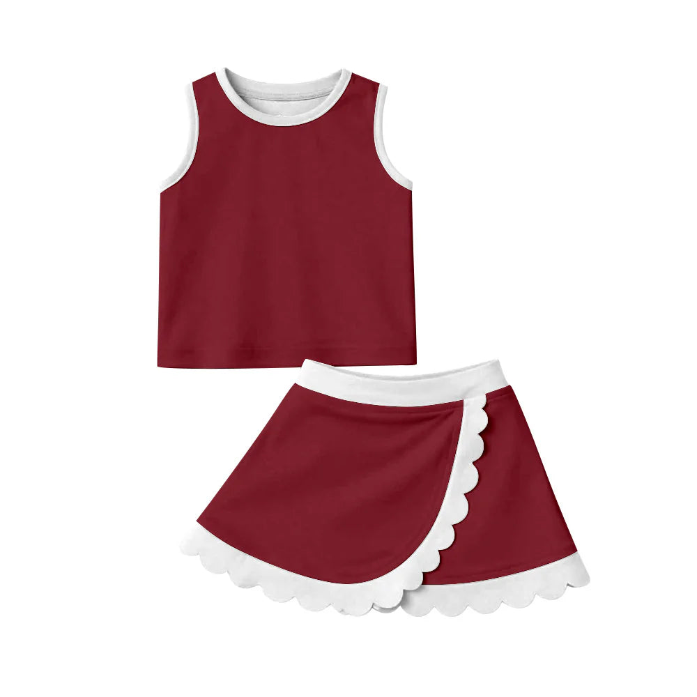 Best Sell Baby Girls Sleeveless Dark Red Scallop Edge Vest And Skirt Set Active Yoga Clothes Preorder Short Outfit for Toddlers